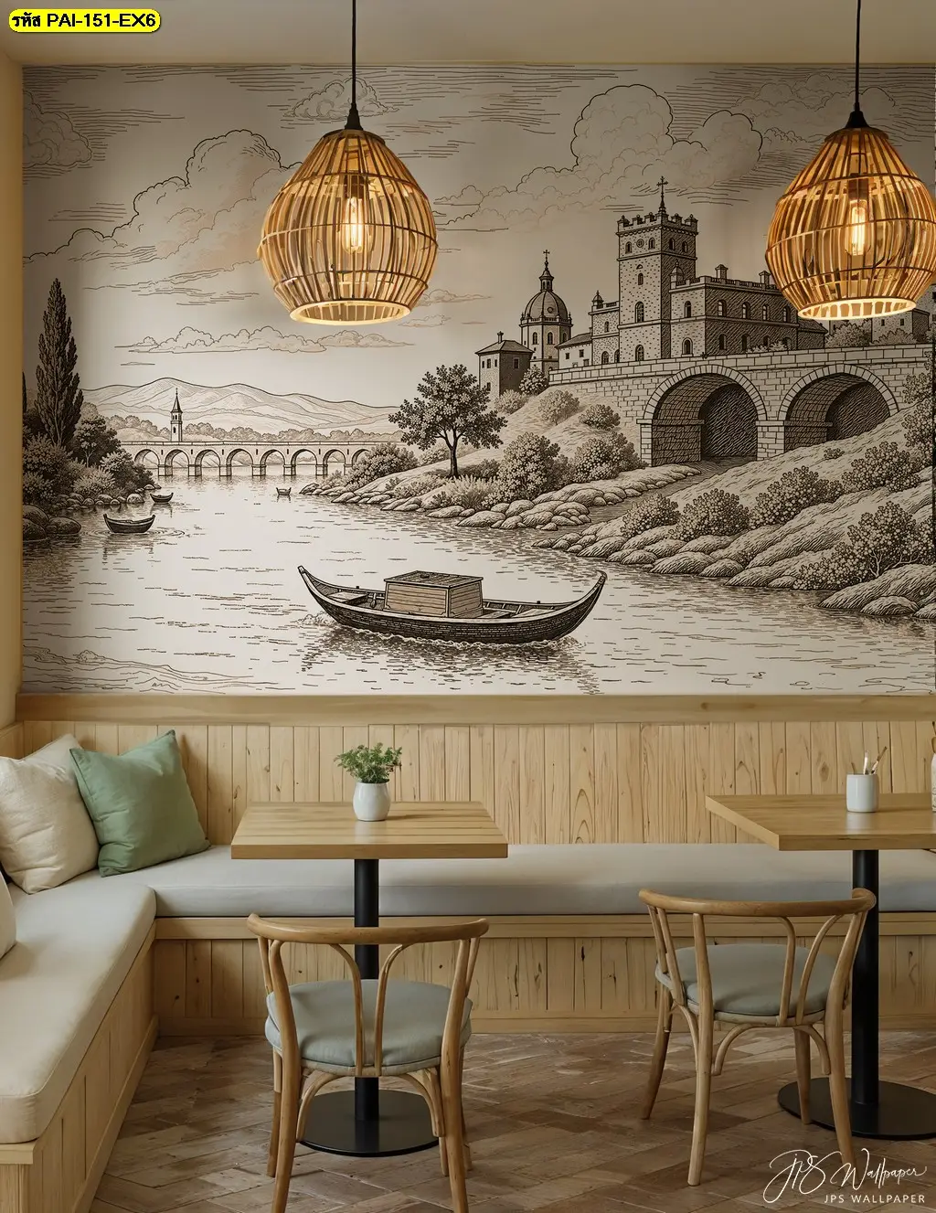 วอลเปเปอร์ลายภาพวาดวิวยุโรป ตกแต่งร้านกาแฟ คาเฟ่ สร้างจุดนำสายตา
