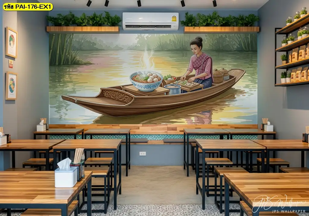 วอลเปเปอร์แต่งผนังลายภาพหญิงไทยขายก๋วยเตี๋ยวที่ตอบโจทย์ทั้งความงามและความทน
