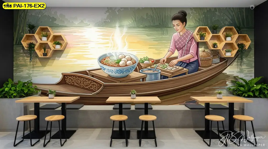 วอลเปเปอร์แต่งผนังลายภาพหญิงไทยขายก๋วยเตี๋ยว พิมพ์บนวัสดุ 3M ติดกระจกได้
