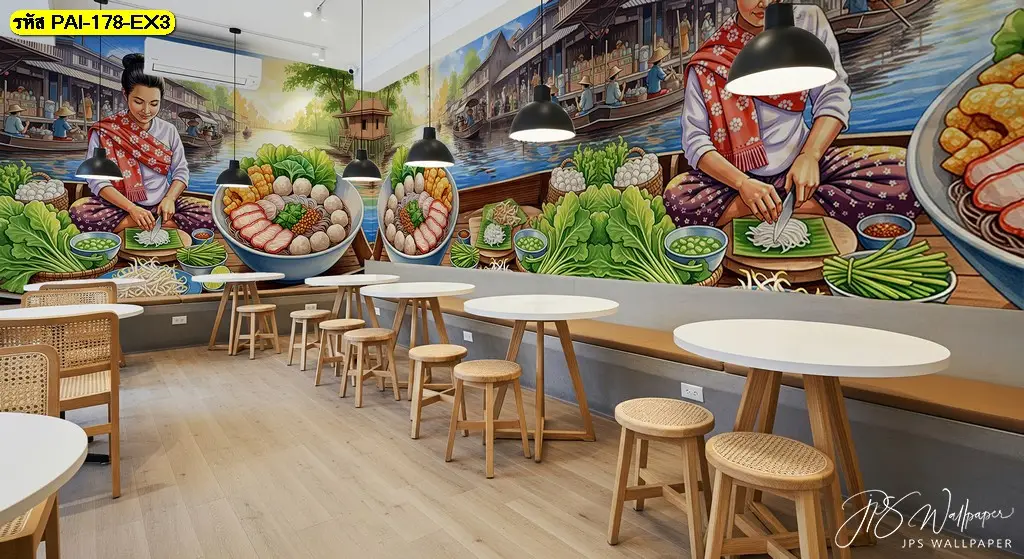 เติมเต็มผนังร้านด้วยวอลเปเปอร์แต่งผนังลายภาพหญิงไทยขายก๋วยเตี๋ยว สวยโดดเด่น

