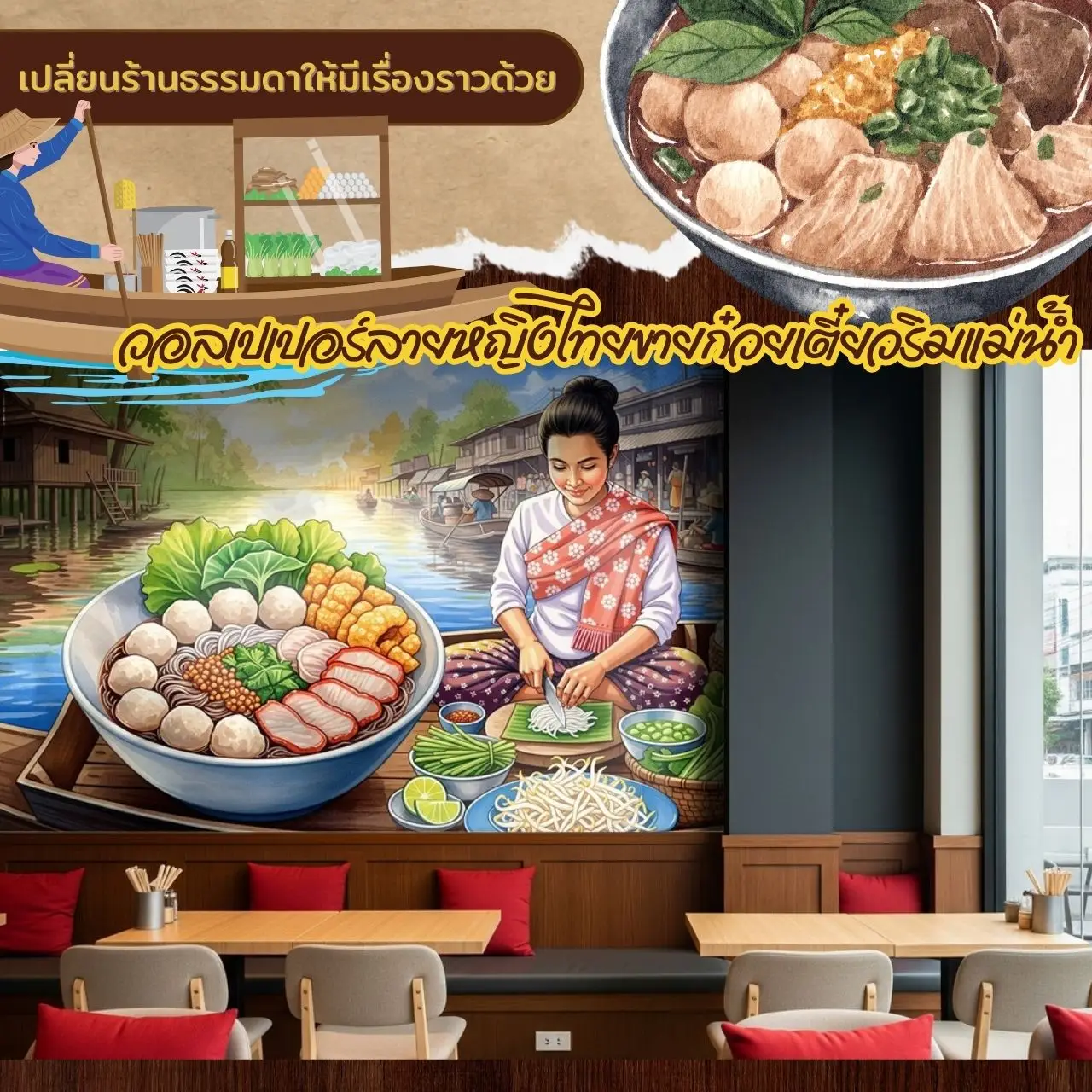 ภาพพิมพ์ติดผนังตกแต่งร้านก๋วยเตี๋ยวที่เพิ่มความสุขและประสบการณ์ดีให้ลูกค้า