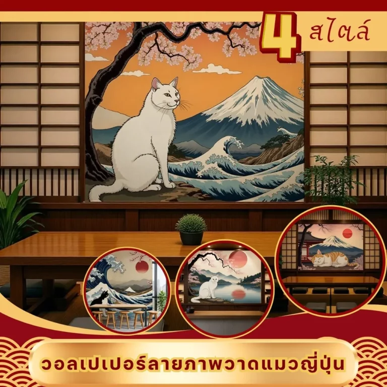 รับพิมพ์ วอลเปเปอร์ตกแต่งร้านอาหารญี่ปุ่นลายแมว DDS ร้านขายวอลเปเปอร์