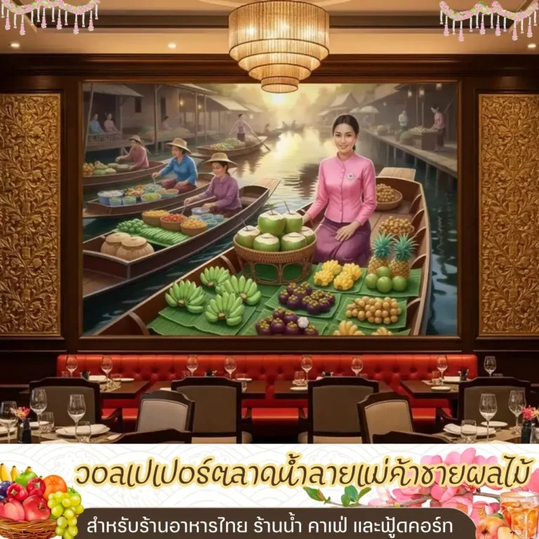 ภาพติดผนังแม่ค้าขายผลไม้ร้านอาหาร ใช้โทนสีสดของผลไม้และสายน้ำไทยช่วยดึงสายตาลูกค้า ทำให้ร้านดูมืออาชีพมากขึ้น