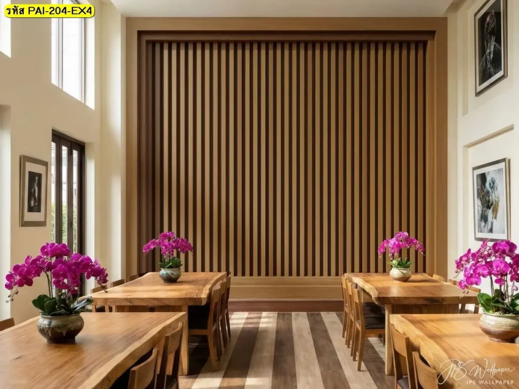 วอลเปเปอร์ลายไม้สไตล์อบอุ่น รับพิมพ์ตามพื้นที่จริง พร้อมบริการติดตั้งให้ผนังร้านดูเรียบและดูแลรักษาง่าย
