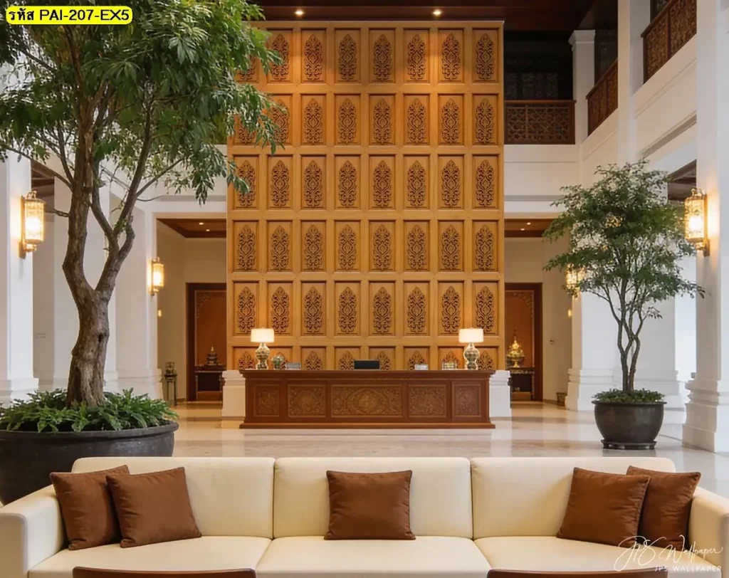 วอลเปเปอร์ลายไม้สไตล์ไทยร่วมสมัย รับพิมพ์และบริการติดตั้ง เป็นไอเดียผนังไม้ที่อ่านง่าย