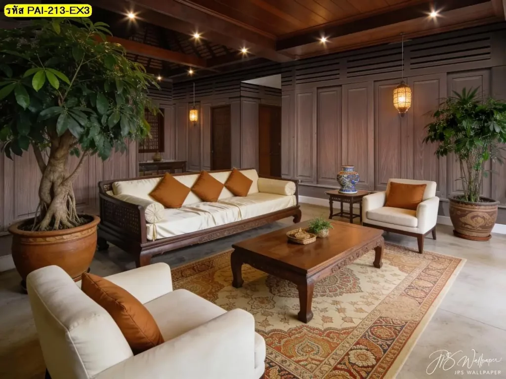 วอลเปเปอร์ลายไม้สไตล์ไทยร่วมสมัย รับพิมพ์และติดตั้ง เป็นไอเดียผนังไม้สไตล์อบอุ่นที่เหมาะกับหลายบริบท