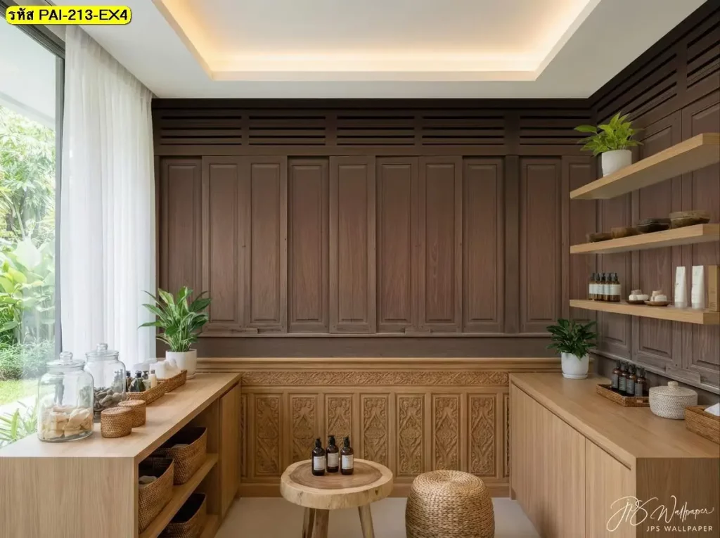 วอลเปเปอร์กรุผนังไม้แนวตั้ง รับพิมพ์ตามขนาดจริง พร้อมติดตั้งช่วยให้ร้านดูสูงและโปร่งขึ้น