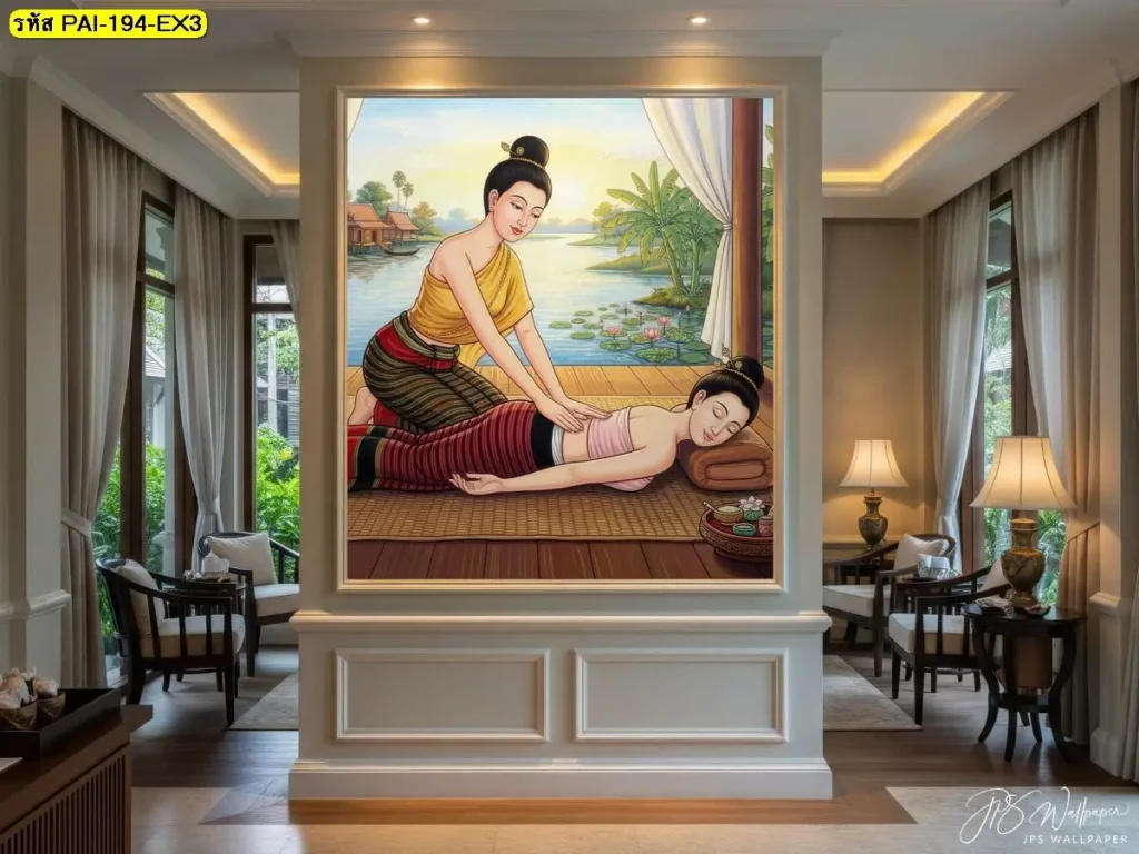ท่านวดไทยท่านอนคว่ำ กดหลัง วอลเปเปอร์ตกแต่งร้านนวดแผนไทย เหมาะกับมุมนั่งพักและพื้นที่ต้อนรับ