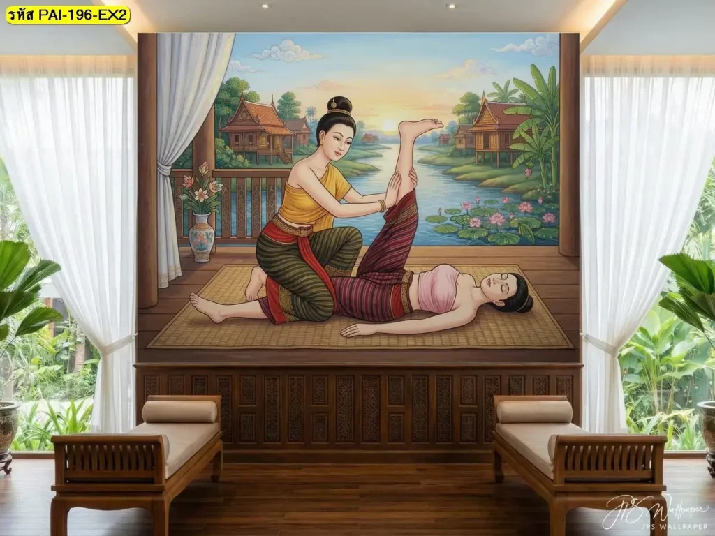 ท่านวดไทยท่านอนหงาย ยืดขาตรง วอลเปเปอร์ติดผนังร้านสปา เสริมบรรยากาศห้องนวดให้ดูเรียบหรูขึ้น