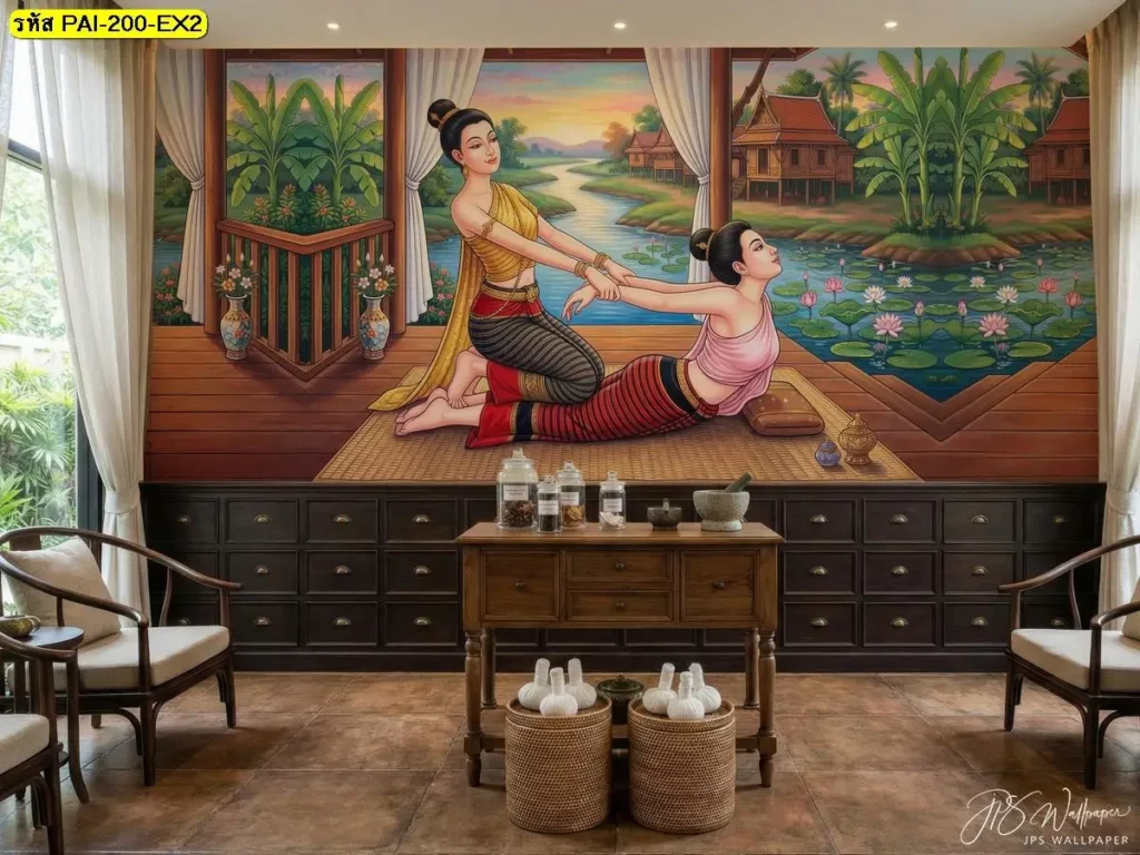 ท่านวดไทยท่านอนตะแคง ดัดยืดแขนและหัวไหล่ วอลเปเปอร์ตกแต่งร้านนวดแผนไทย เปลี่ยนผนังเรียบให้มีมิติแบบไทย