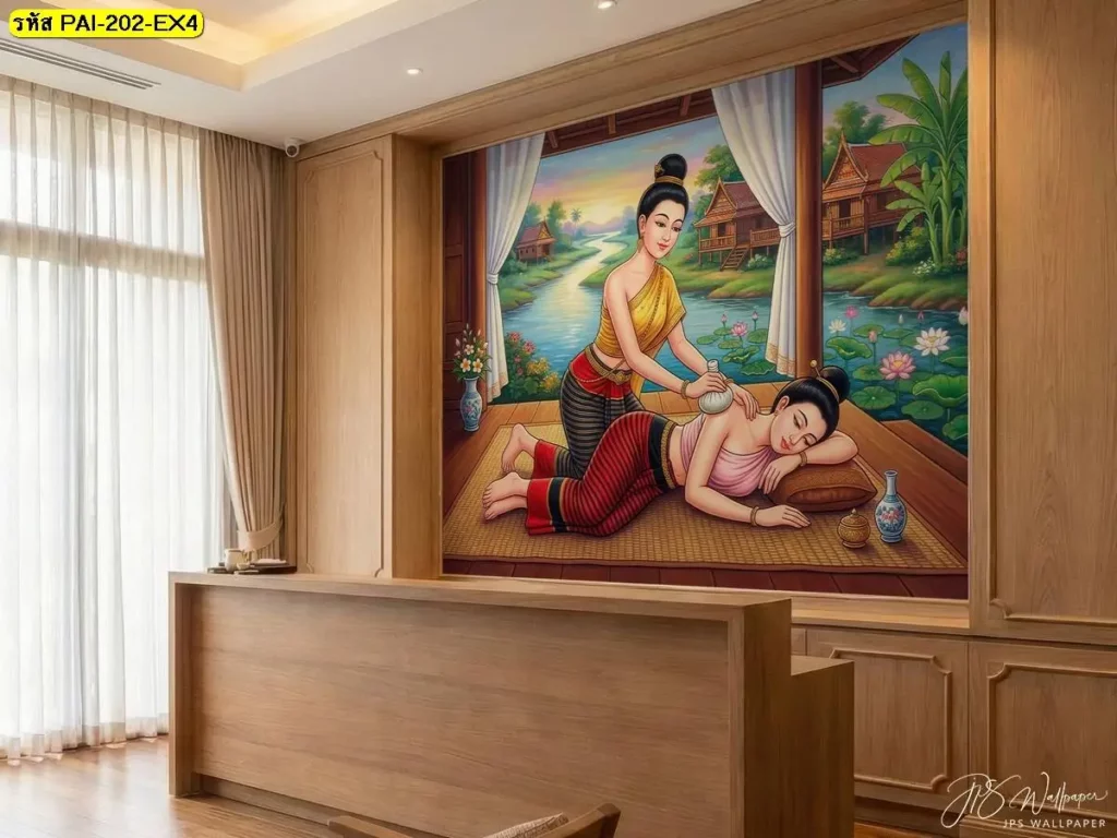 ท่านวดไทยท่านอนคว่ำ กดแนวหลังและเอว วอลเปเปอร์ลายนวดแผนไทย สำหรับร้านที่ต้องการสื่อบริการเด่นชัด