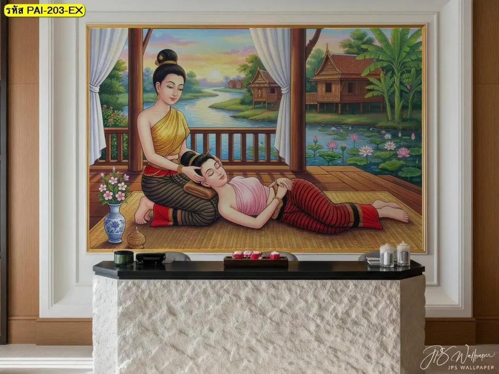 ท่าคลายคอและบ่า วอลเปเปอร์ลายนวดแผนไทย เพิ่มรายละเอียดผนังให้ร้านดูมีอารมณ์ไทยร่วมสมัย