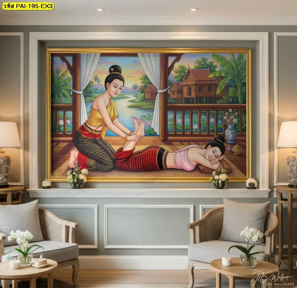 ท่านวดไทยท่านอนคว่ำ ดัดยืดขา วอลเปเปอร์ติดผนังร้านสปา แต่งโซนต้อนรับให้ดูอบอุ่นและน่าจดจำ