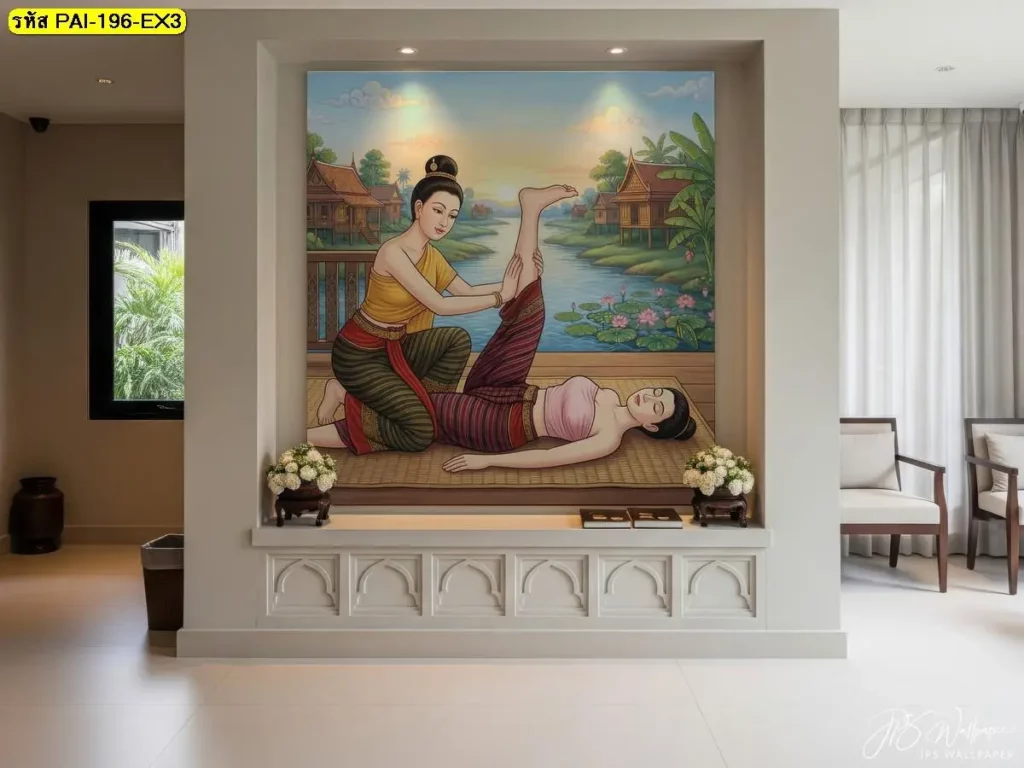 ท่านวดไทยท่านอนหงาย ยืดขาตรง วอลเปเปอร์ติดผนังลายนวดไทย เพิ่มกลิ่นอายไทยให้พื้นที่ดูละมุนน่ามอง