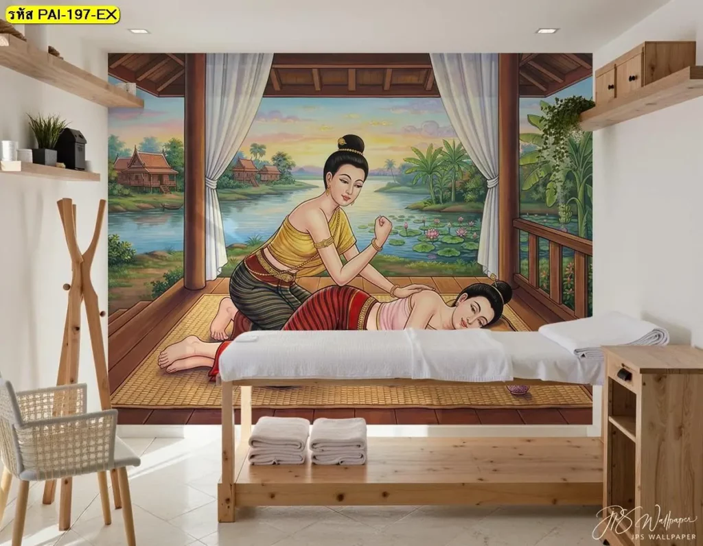 ท่านวดตะแคง กดสะโพก วอลเปเปอร์ลายนวดแผนไทย ทำให้ผนังเรียบธรรมดาดูมีเรื่องราวขึ้น