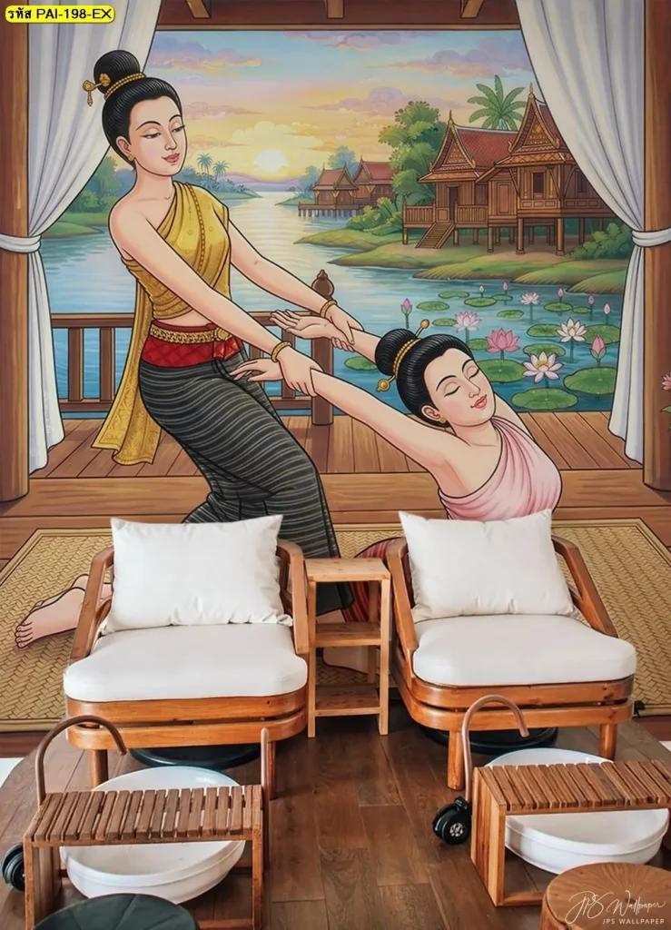 ท่านวดไทยท่านอนคว่ำ ดัดยืดแขน แอ่นหลัง วอลเปเปอร์ลายนวดแผนไทย เหมาะกับร้านที่อยากให้ภาพรวมดูนุ่มสบาย