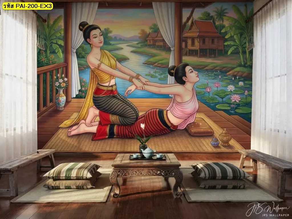 ท่านวดไทยท่านอนตะแคง ดัดยืดแขนและหัวไหล่ วอลเปเปอร์ลายนวดแผนไทย วางคู่ห้องไม้โทนอุ่นแล้วดูสบายตา
