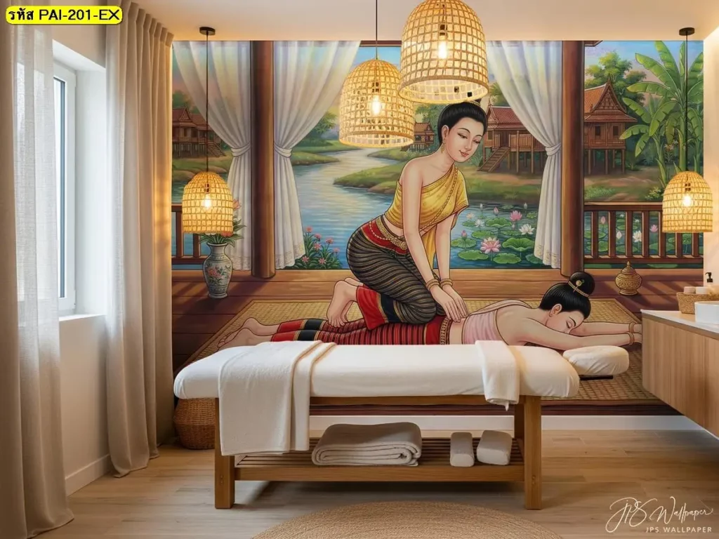 ท่านวดไทยท่านอนคว่ำ กดแนวหลังและเอว วอลเปเปอร์ร้านนวดสปา ช่วยเปลี่ยนผนังโล่งให้กลายเป็นจุดนำสายตา