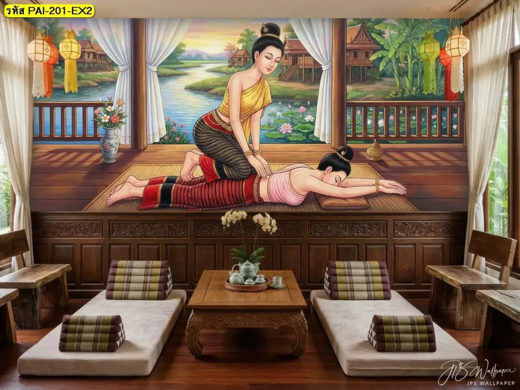 ท่านวดไทยท่านอนคว่ำ กดหลัง ในวอลเปเปอร์ตกแต่งร้านนวดแผนไทย เข้ากับเฟอร์นิเจอร์ไม้โทนเข้ม