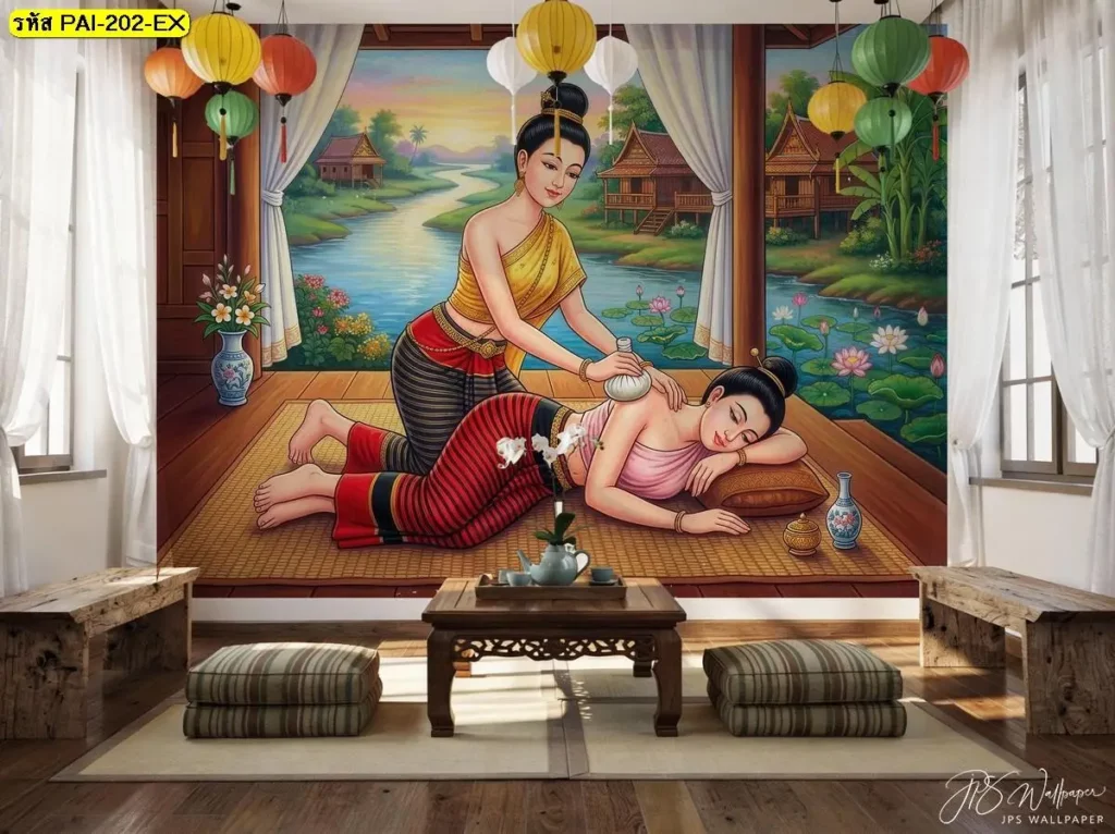 ท่าประคบสมุนไพร บริเวณบ่าและไหล่ วอลเปเปอร์ตกแต่งร้านนวดแผนไทย ช่วยเล่าบริการนวดไทยชัดเจน