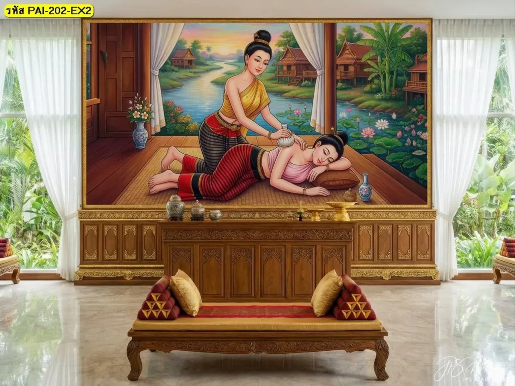ท่าประคบสมุนไพร บริเวณบ่าและไหล่ บนวอลเปเปอร์ร้านนวดสปา เข้ากับห้องโทนอุ่นและเฟอร์นิเจอร์ไม้