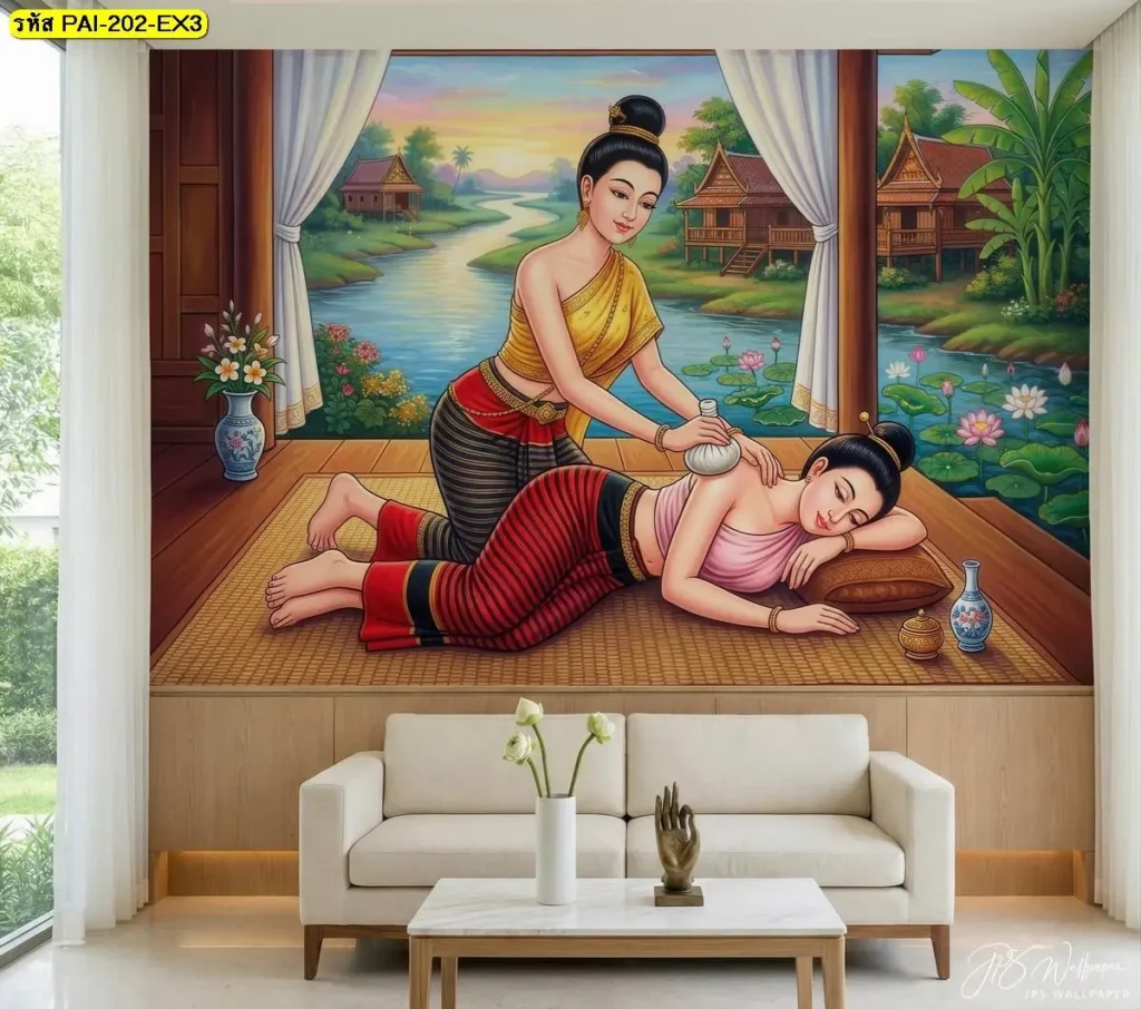 ท่าประคบสมุนไพร บริเวณบ่าและไหล่ วอลเปเปอร์ตกแต่งร้านนวดแผนไทย สร้างภาพจำให้ห้องรับรองดูเด่น